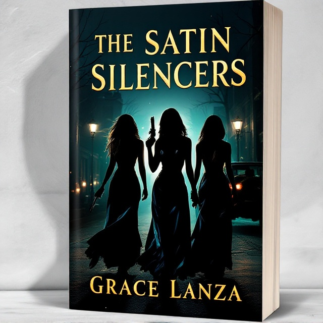 Three shadowy female silhouettes in shimmering satin dresses, each holding a weapon, are featured prominently against a backdrop of a dimly-lit, deserted city street. Pale, flickering lamp lights cast eerie glows across the scene, adding an air of mystery. The silhouettes are partially illuminated, hinting at their features while keeping a sense of intrigue. A jeep, partially obscured by shadows, stands on the street, adding to the suspenseful mood.