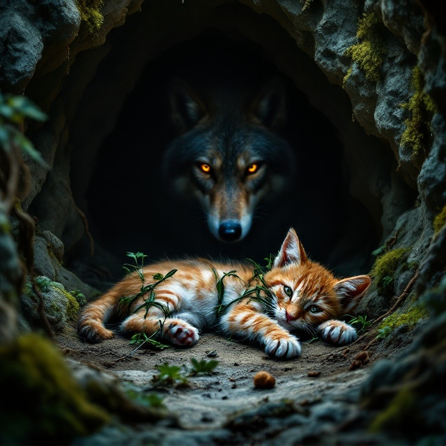 A dimly lit scene depicting the inside of a cave. The central focus is a vulnerable lynx kitten, lying on its side with its paws intricately tied by green vines. The atmosphere is tense, shadowy, highlighting the suspense. Behind the kitten, emerging from the darkness, a menacing wolf lurks, its eyes reflecting cunning and danger. The background is textured with rock formations, moss, and scattered roots interwoven with patches of mud, enhancing the wild and untamed environment.