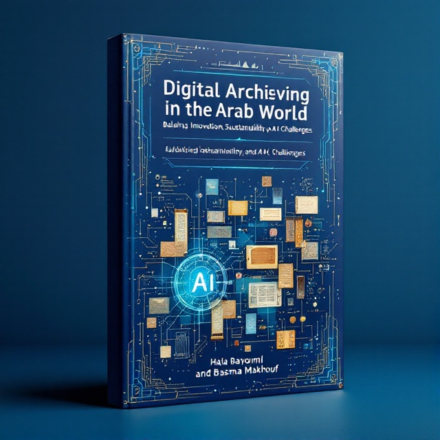 A dynamic digital collage on a deep blue background represents an interconnected web of digital narratives. The collage includes motifs such as digital codes, circuit patterns, and faint outlines of traditional Arab architecture, with layered translucent images of scrolls and manuscripts. The cover evokes a balance between tradition and modern technology with a subtle AI-themed texture overlay.