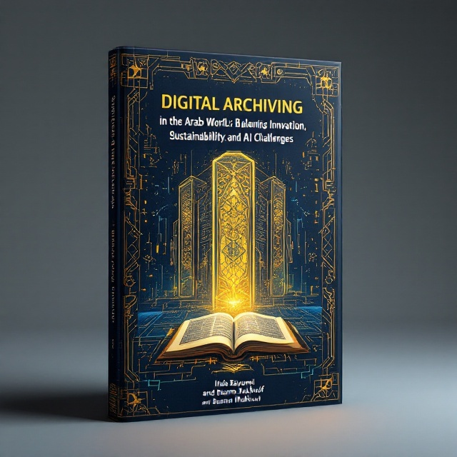 The cover features a blend of modern and traditional elements, incorporating geometric patterns reminiscent of Arabesque art, interwoven with digital circuitry and binary code motifs. This is set against a gradient background transitioning from deep indigo to rich gold, symbolizing the merging of the digital and historical world. In the center, an abstract silhouette of a futuristic data server towers above an ancient manuscript rolled open, hinting at the narrative of digital archiving.