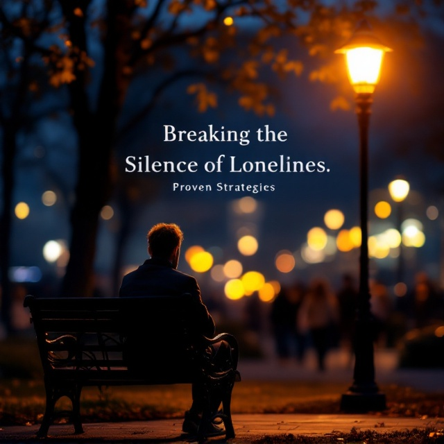 A solitary figure sits on a wrought iron park bench, illuminated by the warm, inviting glow of a distant streetlamp. The lamp casts a golden halo around the figure, creating a stark contrast against the deep blue hues of the evening sky. In the background, a softly blurred cityscape is visible, with faint silhouettes of people walking under the dim, scattered lights, indicating the nearness of human connection. The figure’s expression, highlighted by the soft light, is one of gentle reflection and emerging hope. The entire scene conveys a balance between solitude and the anticipation of connection.