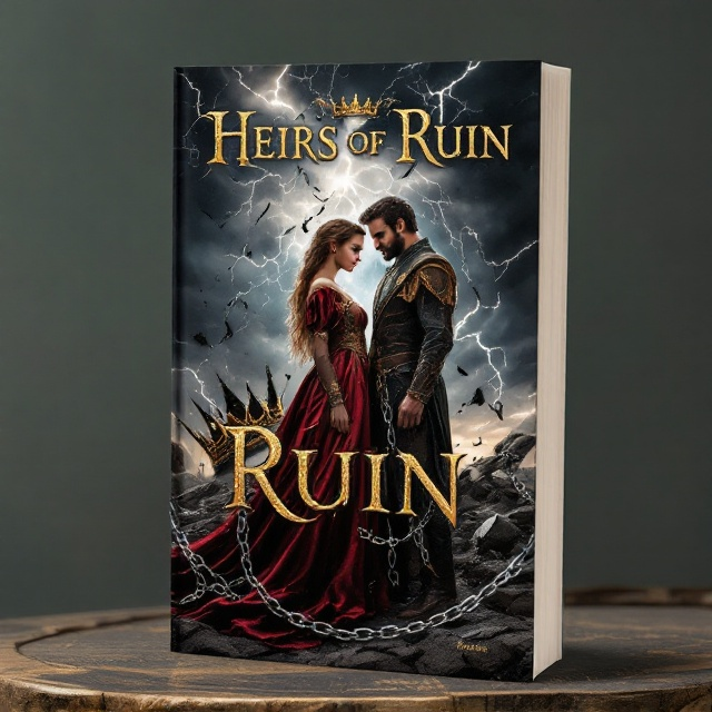 Ginny and Kaed stand prominently at the center of the cover, framed by a stormy sky crackling with lightning. Ginny's regal gown flows with deep reds and golds contrasting against the darker tones of the sky. Kaed, standing beside her, is clad in earthy browns and greens. The two are encircled by broken chains symbolizing their struggles. In the background, a shattered crown lies, signifying political collapse. The crests of House Aerilyn and House Darian are subtly integrated into their clothes, blending seamlessly with the background.