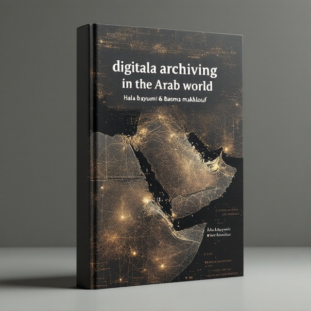 standing book mockup, Its title is "digitla archiving in the arab world". Its author name is hala bayoumi & basma makhlouf.  The cover features an abstract digital network pattern overlaying a faded map of the Arab world. Dark, earthy tones dominate the image, conveying a sense of depth and seriousness. Subtle binary code streams are embedded within the map design, adding a touch of modern digital influence. A clean, sans-serif font like "Montserrat" is used for the title to emphasize modernity and clarity. The authors' names are in a slightly smaller, italicized serif font such as "Merriweather" to distinguish and honor their expertise., The title is centered and positioned in the upper third of the cover, with the authors' names directly beneath. The map and network pattern serve as the background, occupying the entire cover. The binary code subtly runs along the edges, framing the title and authors' names.