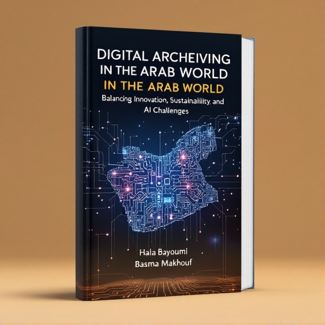 A modern, sleek cover featuring a digital representation of an Arab map embedded with circuit board patterns. Above this map, faint lines and nodes depict network connections, symbolizing AI and digital integration. The background has a gradient from deep blue at the top to sand brown at the bottom, suggesting a transition from technology to tradition.