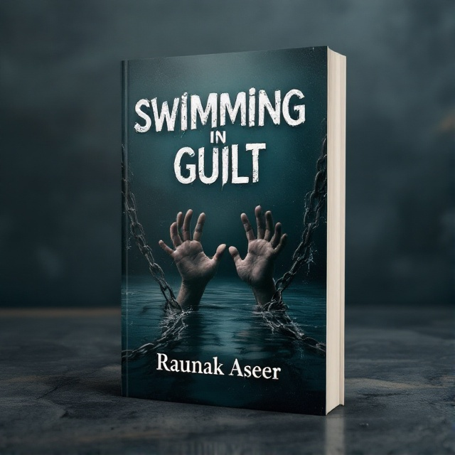 The cover features a dark, murky water surface in the background, symbolizing the feeling of drowning in guilt. In the foreground, shadowy hands attempt to break through heavy chains that hold them down. The chains are partially shattered, representing the struggle for freedom. There is a subtle reflection of a person’s face in the water, giving a sense of introspection.