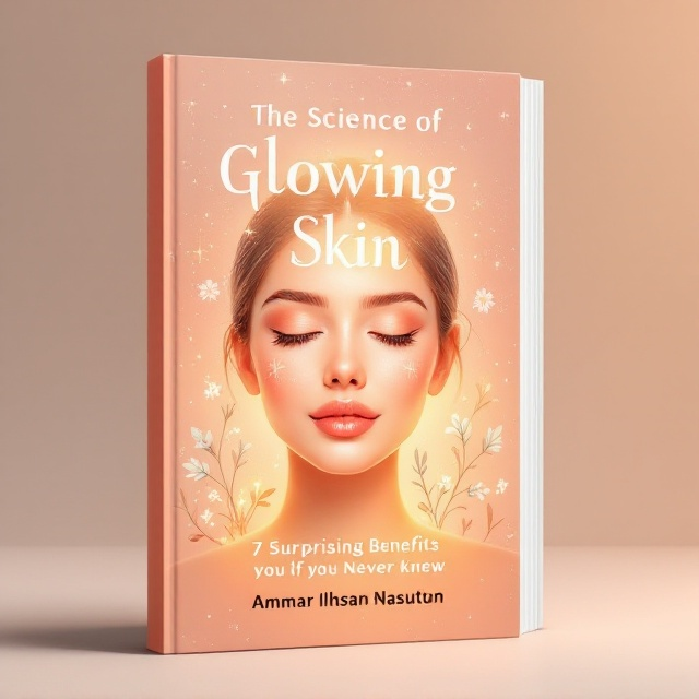 A radiant, glowing illustration of a woman's face occupies the center, set against a glowing gradient background transitioning from light peach to soft pink. Subtle sparkles and natural elements like leaves and flowers surround the face, suggesting purity and natural beauty.