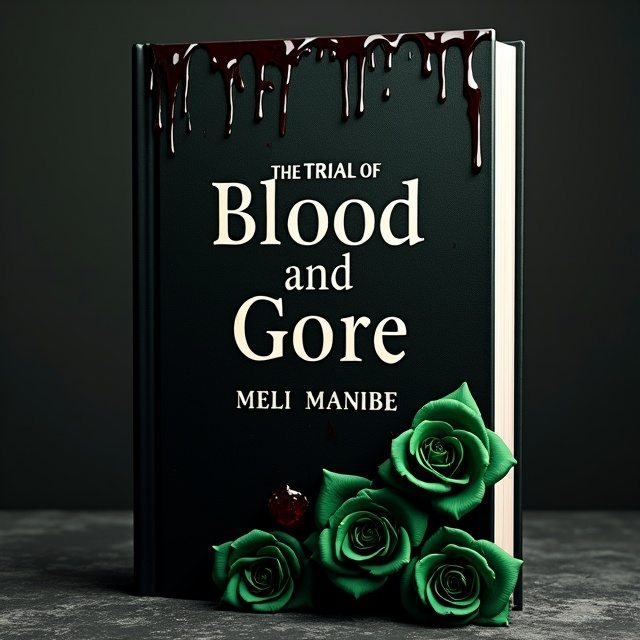 The cover features a stark black background with dark, glossy blood dripping down from the top. In the bottom right corner, there are realistic, deep green roses with subtle shading and shadow to give a lifelike appearance. The roses appear slightly glossy, providing a contrast to the matte blood. The overall tone is ominous and moody, suitable for a dark fantasy novel.