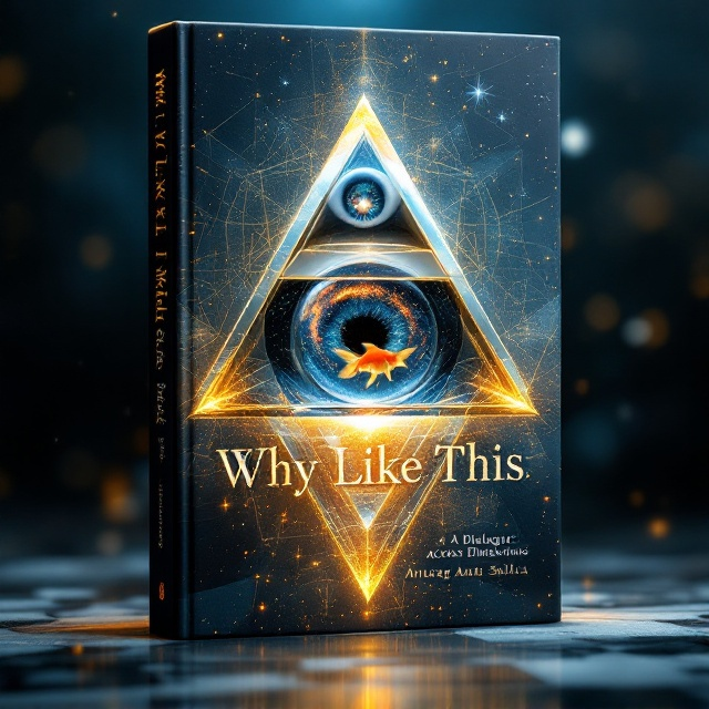 A fractured kaleidoscope occupies the center, creating an intricate convergence of realities. It contains a fishbowl with a tiny goldfish swimming, layered alongside a morphing shadow representing a cube turning into a tesseract. Above the prism, a hyper-realistic human eye reflects a galaxy, blending micro- and macro-perception. Subtle geometric shapes like translucent overlapping circles and triangles create additional layered dimensions. In the background, fading UAP outlines are visible, contributing to a sense of mystery. Hand-drawn mini diagrams of dimensions are sketched along the edges. Cyclical motifs like a faint Kalachakra wheel and Norse World Tree merge with equations and waveforms.