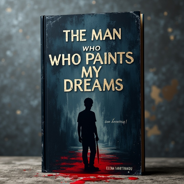 A dark, textured background resembling brushstrokes of black and deep indigo creates an unsettling yet artistic atmosphere. A shadowed figure, only partially visible, stands in the foreground holding a paintbrush dripping with red paint. The edges of the canvas fade into soft, abstract, dreamlike imagery in hues of gray and muted gold. Intriguing and disjointed images—an eye, a hand, and a key—are subtly blended into the background like ghostly imprints.