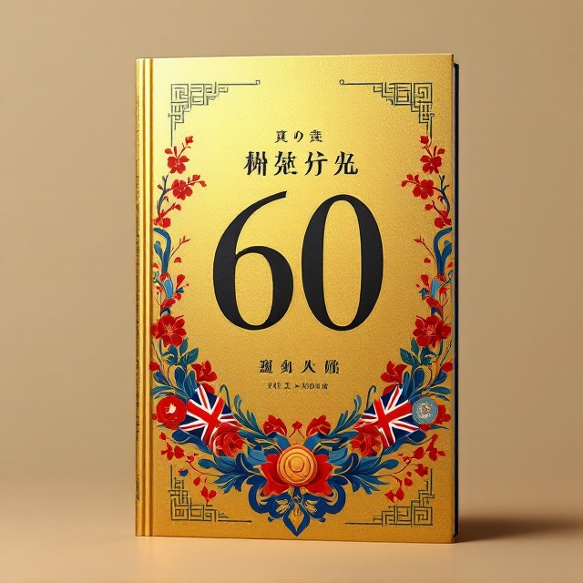 A golden background that symbolizes the 60th anniversary, with an elegant blend of British and Chinese cultural elements such as the Union Jack, traditional Chinese motifs, and subtle images of a classroom setting. Positioned centrally is a large number "60" in a metallic finish, surrounded by swirling patterns of red and blue, representing the unity and exchange of the two cultures.