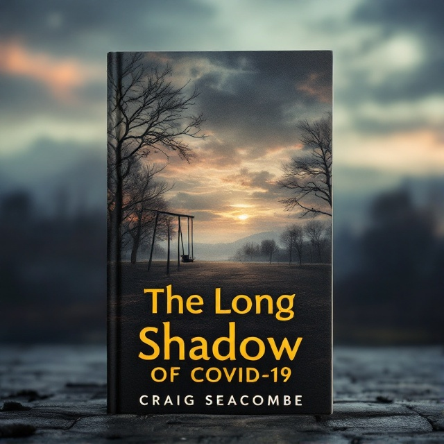 A somber and moody horizon with long dark shadows stretching across an empty playground. The shadow of a single swing gently sways, capturing the essence of isolation and emotional depth. Medium pastel colors infuse the background, representing hope amidst struggle. Subtle textured overlays suggest the complexity of mental health issues surrounding families during the pandemic.