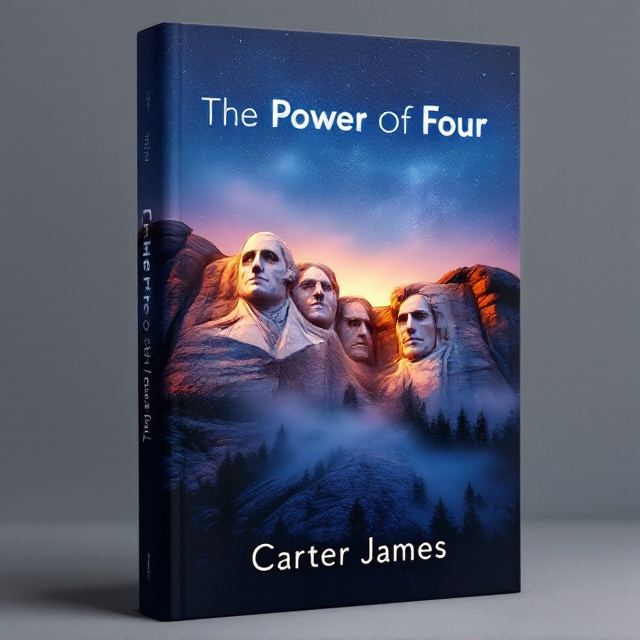 A majestic view of Mount Rushmore with the night sky as a backdrop. The carved faces of Tony Robbins, Grant Cardone, Dan Martell, and Gary Vaynerchuk are illuminated with soft, warm lighting, creating a sense of reverence and inspiration. Surrounding the mountain, a light mist adds a mystical touch, with the title “The Power Of Four” in the sky as if it’s etched among the stars.
