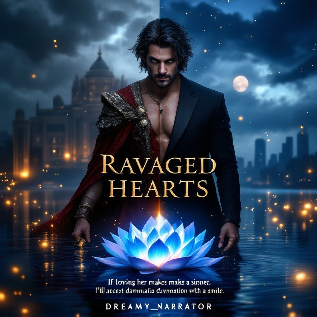 A strikingly handsome man with sharp jawline, tousled dark hair, and intense eyes is centered on the cover. The split-effect background divides his appearance into past and present. On the left, he stands in ancient royal attire, holding a dagger, with a grand palace behind him. On the right, he dons a modern black suit, exuding power with a city skyline in the background. Mihira, in a flowing red dress, stands slightly apart, looking conflicted yet drawn to him. A glowing blue and white lotus floats in the center of a dark, shimmering river, with golden fireflies hovering around. The sky transitions from a stormy night on the left to a serene, moonlit night on the right.