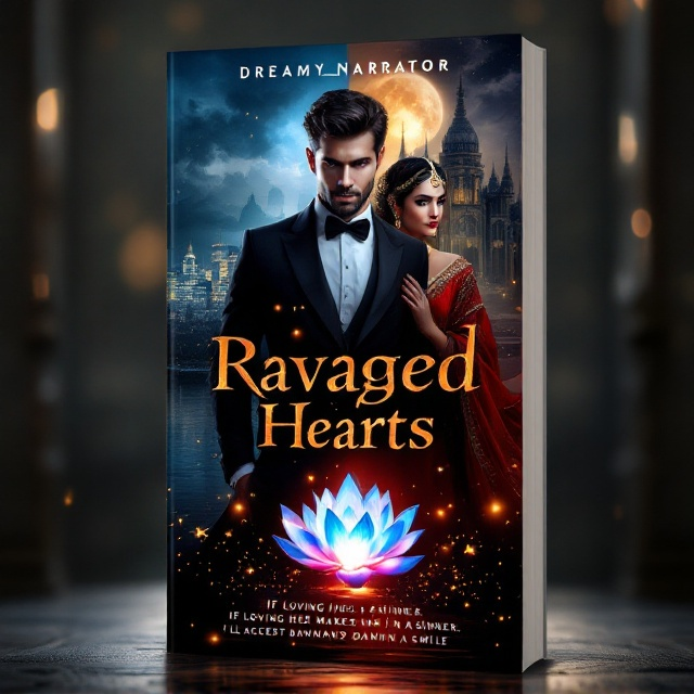 The cover features a split background with a modern city skyline on one side, transitioning into a grand palace on the other. A strikingly handsome man stands in the forefront, dressed in a sleek black suit on the modern side, and ancient royal attire on the historical side. The woman, shown twice in a bridal saree and a flowing red dress, is positioned to depict a sense of tension and magnetism. A floating, glowing blue and white lotus centers the design with golden fireflies dancing above a dark, shimmering river. The sky transitions from stormy clouds to a serene moonlit backdrop.