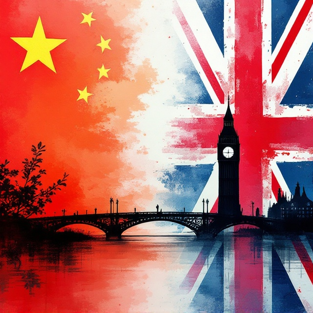 A backdrop featuring a blend of the Chinese flag on the left and the British flag on the right with a seamless transition in the middle, symbolizing the cultural exchange. In the foreground, an abstract silhouette of a bridge made from traditional Chinese patterns extends towards an iconic British landmark like the Big Ben, merging the two cultures. The background showcases a subtle watercolor wash of both countries' landscapes merging into each other, adding depth and a sense of journey.