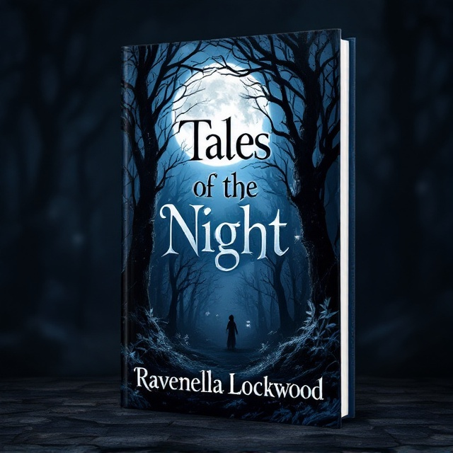 The cover design features a moonlit forest with tall, twisted trees casting elongated shadows. Among the shadows, subtle silhouettes suggest the presence of mythical creatures and faint faces that appear when looked at closely, adding a horror element. The color palette includes deep blues, silvers, and blacks to create a mysterious and eerie nighttime scene.