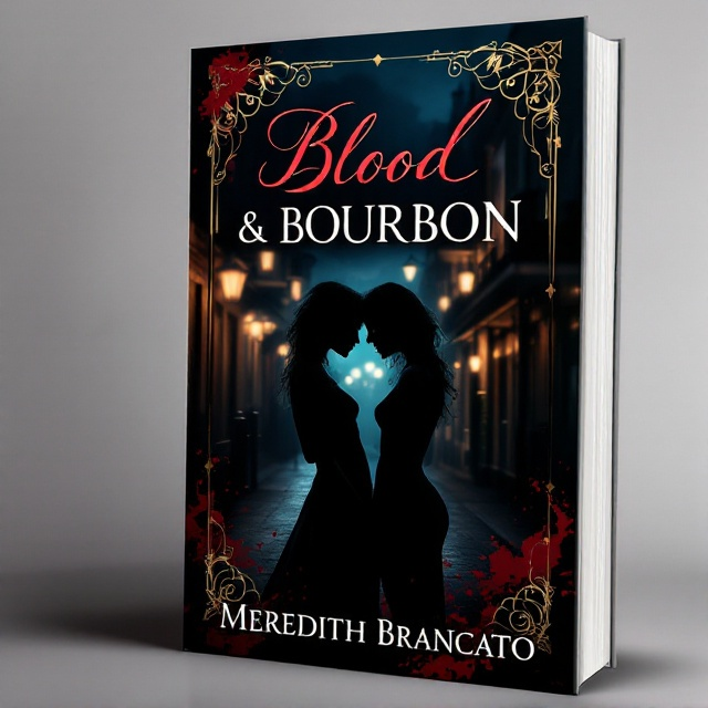 A dark, moody background depicting a dimly lit street in the New Orleans French Quarter with the shadowy silhouettes of two women entwined, subtly hinting at fangs. In the foreground, a rich burgundy-colored splash evokes a sense of blood and dark romanticism. Ornate wrought iron patterns frame the scene, reminiscent of New Orleans architecture, integrating elements of mystery and allure.