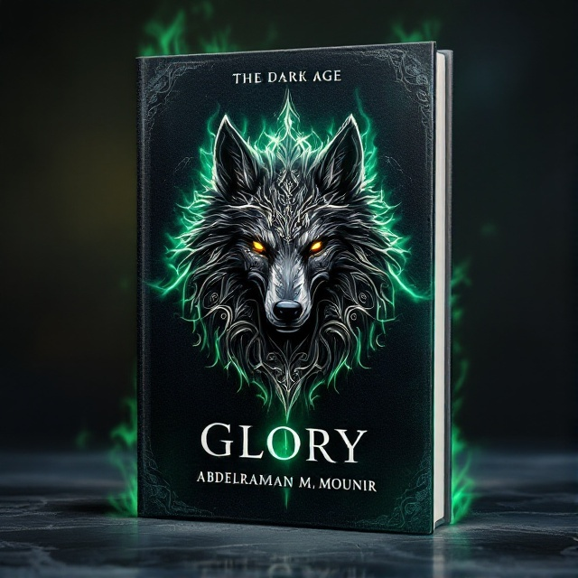A single, central sigil of a majestic wolf's head, intricately designed with swirling patterns, surrounded by an aura of darkness. Wisps of green flames lick around the edges of the wolf sigil, casting an eerie glow. The background is a deep, textured black, hinting at a misty battlefield.