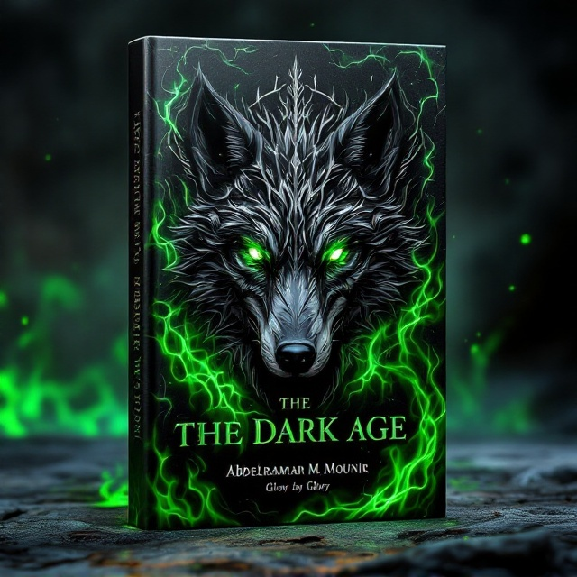 A silver and black cover with a central focus on an intricately detailed wolf crest surrounded by swirling dark shadows and vibrant green flames. The wolf crest is designed in a style that combines elements of realism and fantasy, with piercing eyes that seem to glow from the darkness. Shadows and flames interweave in the background, creating a sense of movement and energy akin to a battlefield under a moonlit sky.