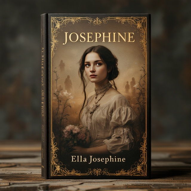 A rich, sepia-toned portrait of a young woman in early 19th-century attire takes center stage. She gazes pensively into the distance, embodying a sense of heartache and grief. Surrounding her are faint, ethereal figures symbolizing memories and love lost, fading into a melancholic but warm background. The entire composition is framed by ornate, golden filigree patterns that evoke a sense of historical elegance.