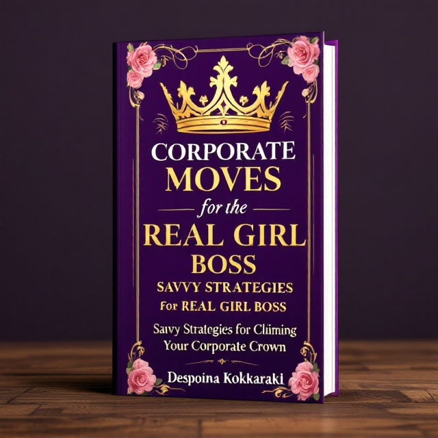A striking and bold design featuring a large golden crown as the central element, set against a deep royal purple background. Curvy, sweeping lines radiate from the crown, creating a sense of movement and energy. Feminine elements such as soft roses subtly integrated into the edges of the design add elegance and a touch of softness.