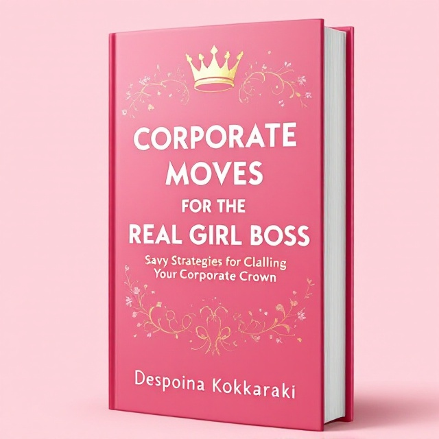 The cover features a deep pink background that envelops the entire canvas. A metallic gold crown is centered at the top, its sheen heightened with spot UV coating to grab attention. Below the crown, the bold sans-serif title "Corporate Moves for the Real Girl Boss" is displayed in uppercase letters. Surrounding the crown, delicate abstract patterns in a slightly lighter pink enhance the sense of femininity. The author's name, "Despoina Kokkaraki," is elegantly placed at the bottom in an elegant serif font, adding a natural counterbalance to the boldness of the title.