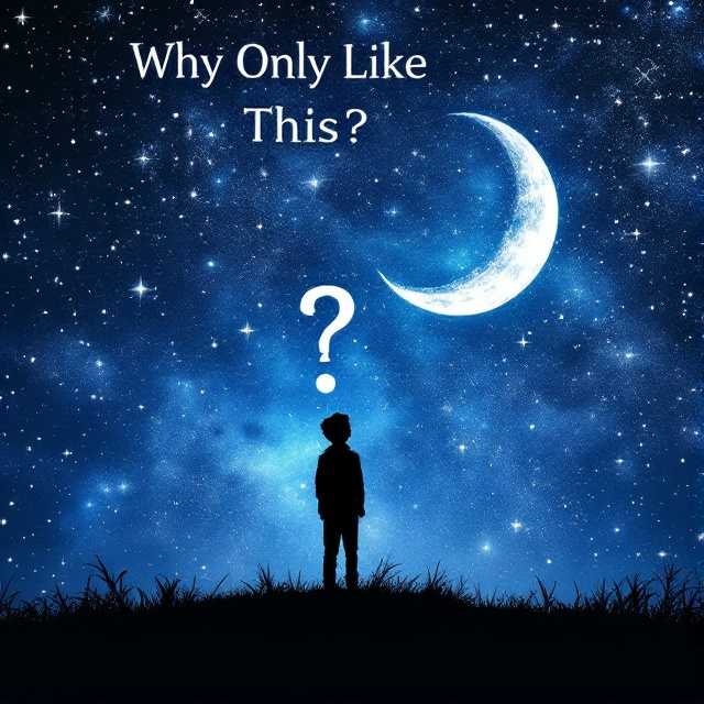 A captivating scene depicting a silhouette of a young boy standing on a hill against a breathtaking starry night sky. The sky is filled with vibrant constellations and a luminous crescent moon. A thought bubble emerges from the boy, featuring a prominent question mark. The overall color palette is deep blue with hints of silver and white, highlighting the night sky.