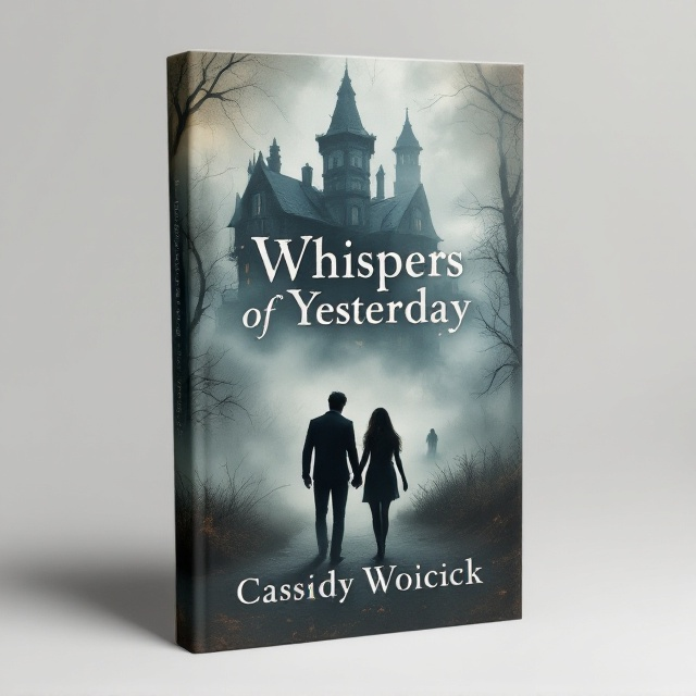 The cover features a faded, sepia-toned photograph of an old, mysterious mansion in the background, partially obscured by eerie, swirling fog. In the foreground, silhouettes of a couple holding hands create a sense of romance and mystery. A shadowy figure lurks in the mist, adding a touch of thriller and suspense. The color palette consists of muted blues, grays, and warm sepia tones to evoke a sense of the past and intrigue.
