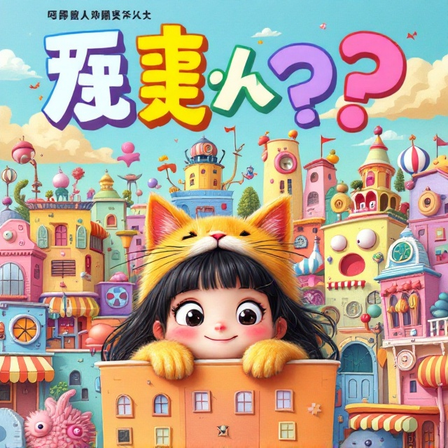 A whimsical scene where a black-haired, anime-style cute girl with large expressive eyes is joyfully peeking out from a colorful, bizarre cityscape. Her cheerful expression is matched by a chubby orange cat that playfully curls around her shoulders. Buildings in the background appear wacky and distorted, with various quirky designs and whimsical features adding to the fantasy vibe. The use of bright pastel colors creates an upbeat and humorous atmosphere.