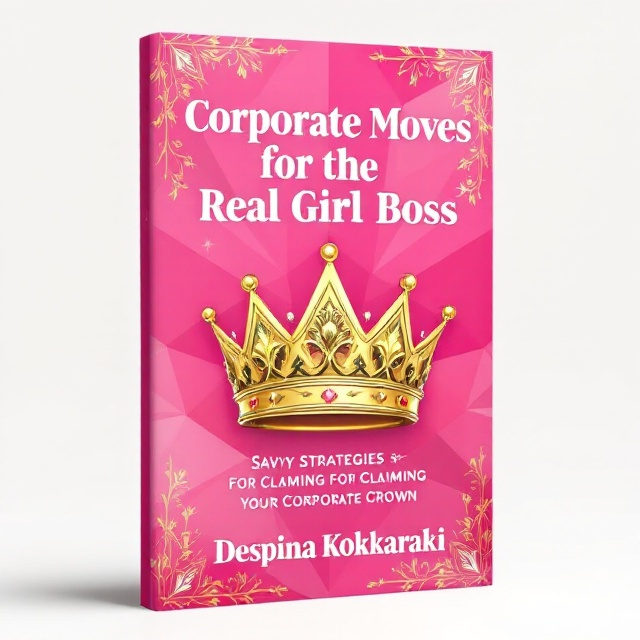 A fierce and modern design featuring a large, elegant gold crown in the center, overlaying a vibrant pink geometric background. The crown has subtle reflections suggesting power and femininity, with delicate, stylized floral accents integrated into its design. Around the crown, dynamic abstract shapes in shades of pink and gold extend outward, giving a sense of movement and energy.