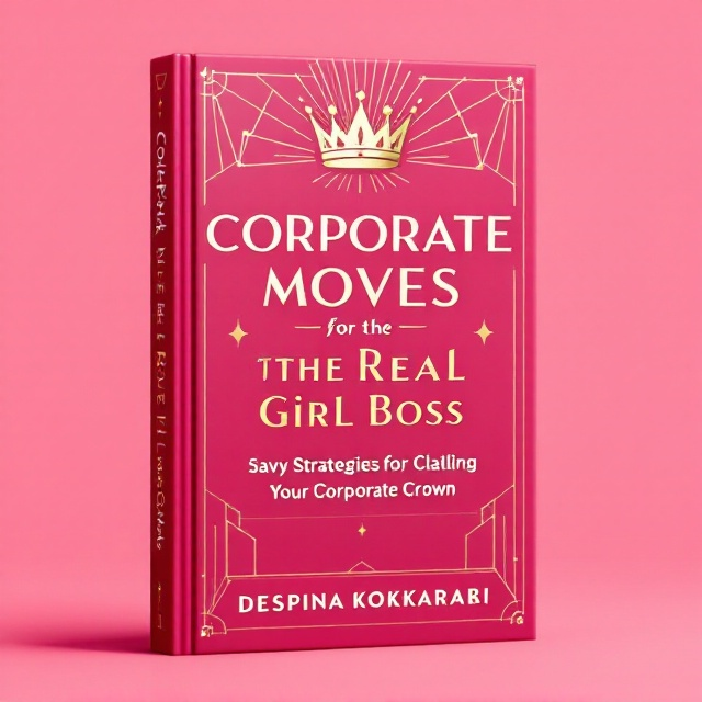 standing book mockup, Its title is "Corporate Moves for the Real Girl Boss   Savvy Strategies for Claiming Your Corporate Crown". Its author name is Despina Kokkaraki.  A dark pink background with geometric gold patterns radiating from the center. A prominent gold crown is featured at the top, symbolizing authority. The overall color palette balances dark pink and gold for an elegant and bold look, capturing the powerful essence of claiming one's corporate crown. The book title is in large, bold serif font in gold, giving it a regal and authoritative feel. The author's name, Despina Kokkaraki, is in a sleek, modern sans-serif font in dark pink at the bottom, providing a contemporary touch., The crown sits centrally at the top, above the title, while geometric patterns create a sense of cohesion across the cover. The title spans most of the width in the middle in large letters, with the author's name at the bottom. This hierarchical layout ensures the title and visual motifs are the focal points of the cover.