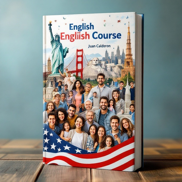 A vibrant collage featuring iconic American landmarks such as the Statue of Liberty, Golden Gate Bridge, and Mount Rushmore. Interspersed with cheerful faces of diverse families, representing a journey into English learning. Overlaying the bottom half of the cover is a subtle representation of an American flag, symbolically weaving through the imagery.