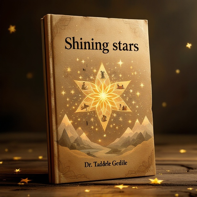 A sepia-toned background featuring a textured, vintage parchment reminiscent of ancient Ethiopian manuscripts. In the center, a cluster of stars shines brightly, each star illustrating elements of traditional Ethiopian cultural life like a coffee ceremony, music, and dance. Surrounding the stars are delicate illustrations of Ethiopian landscapes, such as mountains and the Nile River, with subtle golden accents giving a sense of depth and luminescence.