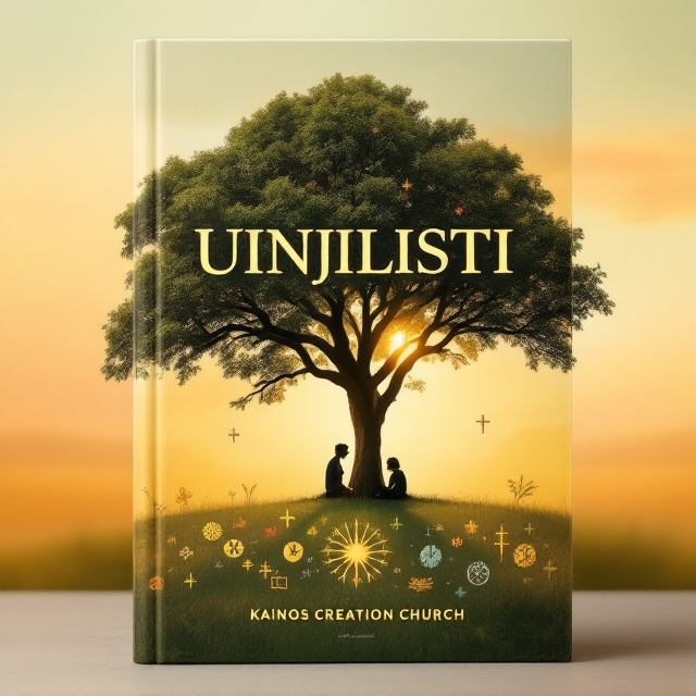 A serene landscape featuring a large tree in the center with its branches extending outward, showing two silhouettes of people sitting under it. The background is a gentle gradient of warm colors that evoke a feeling of peace and warmth. Scattered around the tree are symbols of various faiths subtly blended into the grass, emphasizing unity and companionship.