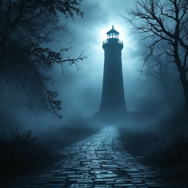 The cover depicts a shadowy silhouette of a tall, abandoned lighthouse barely visible through thick, swirling fog. In the foreground, a dimly lit, cobblestone path leads towards the lighthouse, partially obscured by creeping tendrils of fog. A faint outline of mysterious symbols is etched on the path, partially hidden by the mist. The overall tone is dark and enigmatic, with a cold color palette of deep blues and murky grays, punctuated by the warm glow of a single lantern casting light on the cobblestones.