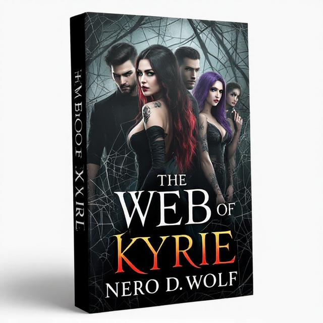 The cover features Kyrie at the center, her chubby form and striking green eyes capturing immediate attention. She is dressed in form-fitting black attire with a generous neckline, her black and red long hair cascading down with the undercut visible. Nero stands to her left, tall and imposing with his long dark hair and visible tattoos, including a prominent wolf tattoo. Marrion appears on the right, silver eyes piercing beneath her purple hair, her Scorpion tattoo subtly peeking on her hand. Luna and Rachel are positioned behind Kyrie, seamlessly integrated into a large, intricate web motif that binds them all together. A dark, moody ambiance is crafted through shadow play and selective highlights, enhancing the gothic and BDSM elements.