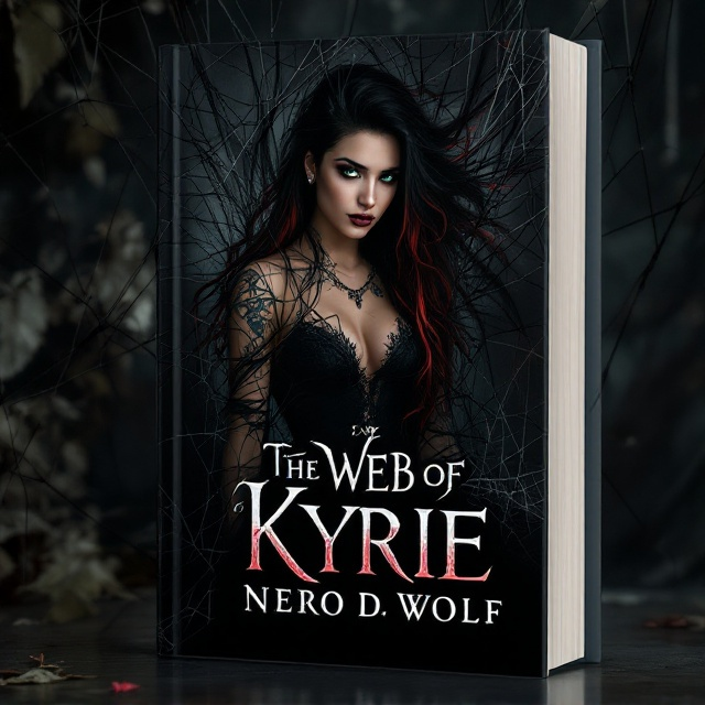 A central figure of Kyrie with her striking appearance, green eyes, and black and red long hair with an undercut, stands enveloped in a web of black silk threads. The web is ornate, intricately woven around her and connecting the other four characters. Nero stands to her left, his tattoos, including the wolf, partially visible. Marrion, with her silver eyes and Scorpion tattoo, stands confidently to the side. Luna and Rachel are set slightly in the background, caught in the web. The overall scene is set against a gothic backdrop, with dim, shadowy lighting that enhances a dark and thrilling atmosphere.