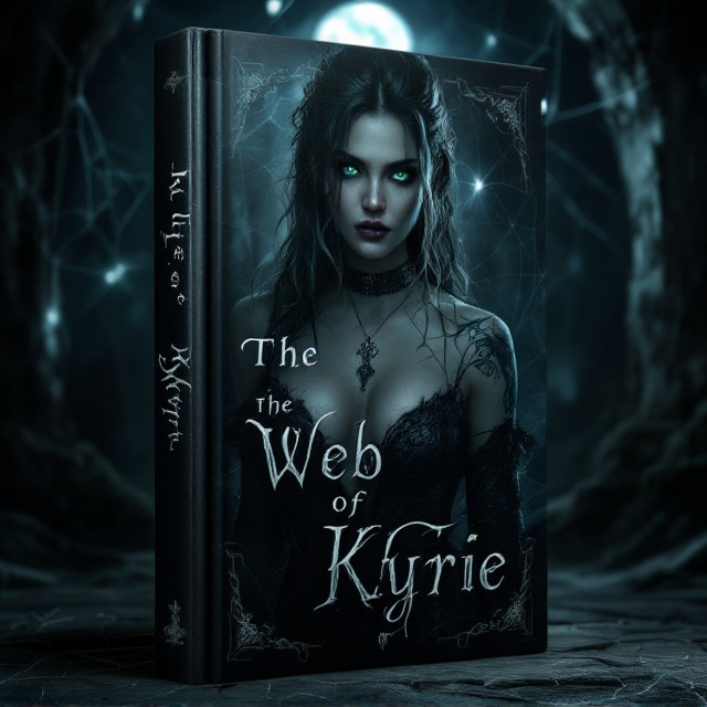 A dimly lit scene set in a gothic dungeon with intricate webs weaving through the background. Kyrie is at the forefront, her captivating green eyes and signature hairstyle catching the moonlight, which cascades down her cleavage in a show of shadow and light. Nero stands to her left, his gothic attire blending into the shadows, revealing his wolf tattoo subtly on his arm. Marrion is positioned behind, her silver eyes nearly glowing, and Luna stands to the side, creating a sense of mystery. Rachel leans into the scene from the right edge, her curls softly backlit, lending an air of enigma.