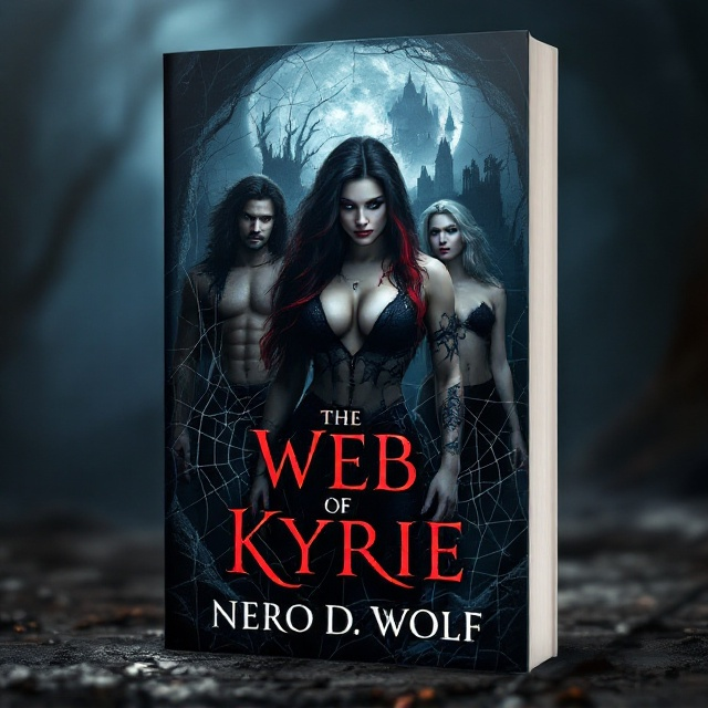 The cover features a dramatic moonlit scene with a large, intricate web in the foreground, symbolizing entanglement. Kyrie stands confidently at the center, her cleavage accented by dramatic shadowing, framed by her striking black and red long hair. To her left stands Nero, his dark, long hair and a wolf tattoo visible on his muscular arm. Behind them, the looming silhouette of a gothic dungeon sets a suspenseful tone. Marrion is positioned delicately to the right, her silver eyes piercing through the shadows, the scorpion tattoo on her hand subtly highlighted. Luna and Rachel appear in the background, their distinct appearances adding layers of mystery and intrigue. The moonlight bathes the scene in a soft glow, enhancing the dark romance theme.