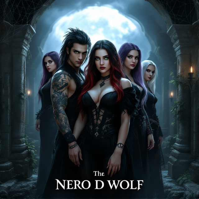 Kyrie is positioned at the center with her distinctive features highlighted chubby body, green eyes, black and red long hair with an undercut, and a revealing black outfit. Nero stands closely to her left, showcasing his long gothic dark hair, tattoos, and intense dark eyes. The wolf tattoo is subtly visible. Behind them, Marrion stands as a powerful presence, her silver eyes and scorpion tattoo on display, framed by her long purple hair. Luna is to the right, appearing slightly in the shadows, with Rachel peeking mysteriously from the background. The background features gothic architecture with web elements, dungeons subtly visible, and moonlight streaming through, casting a silvery hue on the scene.