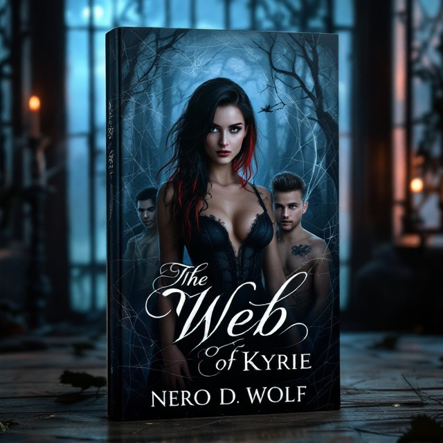 Kyrie stands prominently against a dark, gothic backdrop adorned with webs and moonlight filtering through ornate window bars. Her black and red hair with an undercut is accentuated by the moonlight's hue. Nero is positioned on her left, a dark silhouette with his wolf tattoo subtly visible. Marrion stands nearby, silver eyes glimmering, her scorpion tattoo discreetly on display. Luna and Rachel linger in the shadows, partially visible, adding an element of mystery. The atmosphere is tense and sensual, embracing the dark romance and BDSM themes.