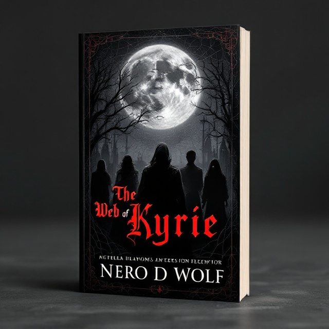 The cover features an intricate web-like pattern in the background, combined with elements of gothic architecture in shadowy outlines. The center position is dominated by a full moon casting a ghostly silver light, illuminating five figures partially obscured in darkness. Each character is subtly represented by distinctive elements— a rose etched in shadow for Kyrie, a faint wolf silhouette for Nero, purple light hints for Marrion, a psycho glare reflect for Luna, and an overlay of elegant secretary notes for Rachel. The color palette remains primarily black, with red accents illustrating a sensual but ominous vibe.