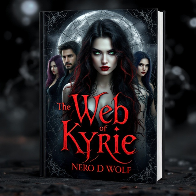 The cover is a striking mix of gothic and dark romance elements, featuring an intricate web that dominates the background under the glow of a silver moon. Centered on the web is Kyrie, captured in a dramatic pose with her black and red hair cascading down. Her eyes are vivid green, piercing through the cover. Nero, with his long dark hair and wolf tattoo, stands protectively behind her, his expression intense. To the sides are Marrion with her purple hair and silver eyes, Luna with her dark blue straight hair and psycho look, and Rachel, elegant with her secretary style, subtly placed to frame Kyrie. BDSM motifs like chains and enticing shadows weave through the background, enhancing the dark ambiance.