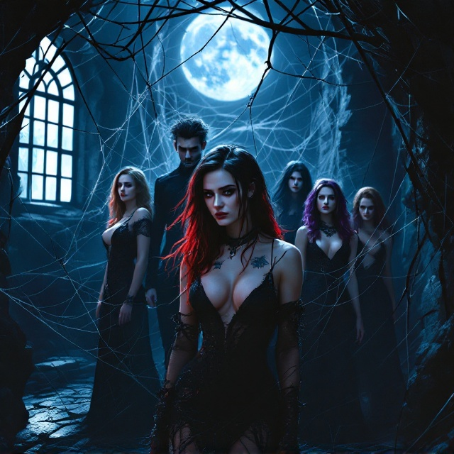 A shadowy dungeon-like room serves as the backdrop, draped in intricate spider webs. In the foreground, tethered by these webs, stand Kyrie with her eye-catching black and red hair and visible rose undercut, cloaked in a low-cut gothic dress. Nero looms beside her, his raven hair and wolf tattoo visible. Marrion, Luna, and Rachel form a compelling trinity behind them, each with distinctive features—purple-hued Marrion, dark-eyed Luna with a psychotic gleam, and Rachel with her curly blond locks. The whole scene is sheathed in the mystical glow of moonlight filtering through a barred window.