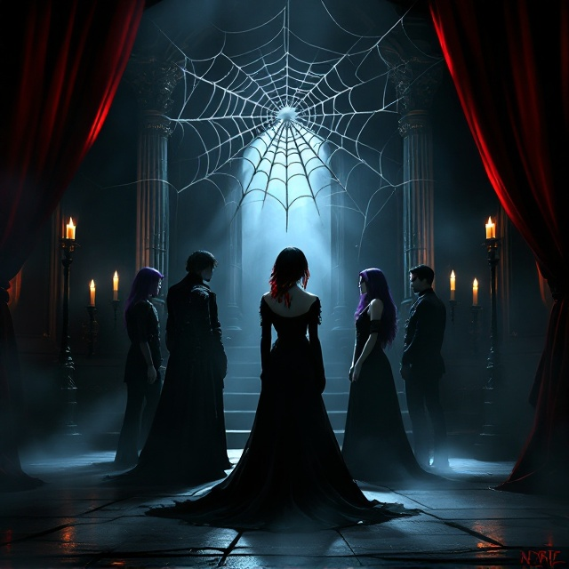 The cover features a dark, misty stage of an old theater, with dimly illuminated candles casting flickering shadows. Kyrie stands in the foreground, her striking black and red hair with the rose undercut prominently displayed. She is captured in a slightly turned pose, revealing her gothic neckline. Nero stands behind her, slightly to the side, his long raven hair framing his intense gaze. Marrion is positioned on the left side, her purple hair and silver eyes catching the faint light. Opposite her, Luna leans against an ornate pillar, her psycho stare adding a hint of mystery. Rachel is positioned elegantly by a velvet curtain, her secretary style contrasting with the gothic theme. A faint spider web pattern overlays the scene, tying all characters into the 'web of Kyrie.'.