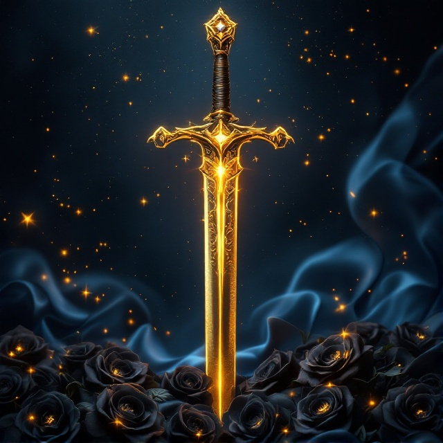 A golden sword stands vertically in the center, its hilt embellished with intricate patterns and a shimmering gemstone. Around the sword are black roses with luminous golden centers. Behind, a mysterious dark blue and black starry backdrop hints at a magical realm, while silver and gold filigree patterns elegantly swirl around the sword and title, adding a refined fantasy touch. A flowing silky blue ribbon gracefully wraps around the sword, suggesting movement. Subtle golden sparkles are scattered in the background.