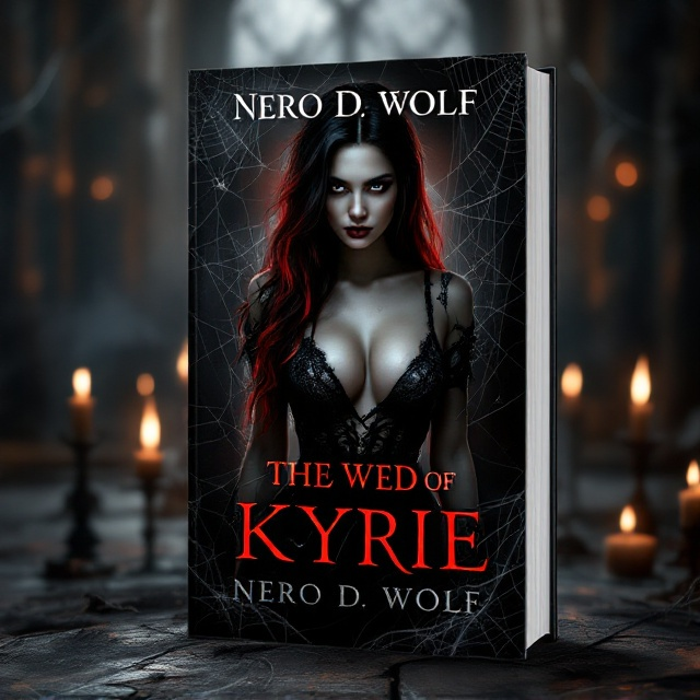 A dimly lit old theater forms the background, with flickering candles creating subtle shadows. In the foreground, intricate spider webs weave delicately across the cover, capturing a blend of mystery and suspense. Dominating the center, Kyrie is portrayed with her distinctive black and red hair, positioned to emphasize her neckline cleavage. On either side, silhouettes of the other characters add depth without overwhelming the central figure. Nero's presence is marked by a faint silhouette with wolf tattoos faintly visible beneath his gothic attire, suggesting his controlling nature.