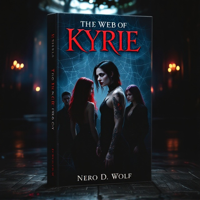 The cover features a dimly lit old theater as the background, shrouded in shadows and flickering candlelight casting intricate web-like shadows. In the center stands Kyrie, gothic and striking, with her black and red hair undercut visible as she turns slightly to one side, capturing a sense of allure with her neckline and rose tattoo. Flanking her in a semi-circle are the other characters Nero with his long raven hair and tattooed arm, Marrion with her bold purple hair, Luna with her psychotic gaze, and Rachel with an elegant, poised posture. The setting conveys an air of mystery and obsession, the webs almost tangible in their symbolic representation of the relationships entwined within.