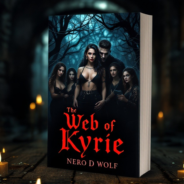 The cover displays a dimly lit dungeon setting, with candlelight casting eerie shadows that blend with the web-like patterns across the backdrop. Kyrie stands confidently at the center in her goth aesthetic with a bold neckline, her hair partially revealing the rose design undercut. Nero, dark and mysterious, looms protectively and obsessively over her shoulder, displaying his wolf tattoo. On one side, Marrion stands poised, her slim dress hinting at confidence. Luna's gaze pierces through the shadows with a psycho intensity, while Rachel exudes elegance on the opposite side of the scene, clutching a folder. The overall atmosphere is seductively suspenseful.