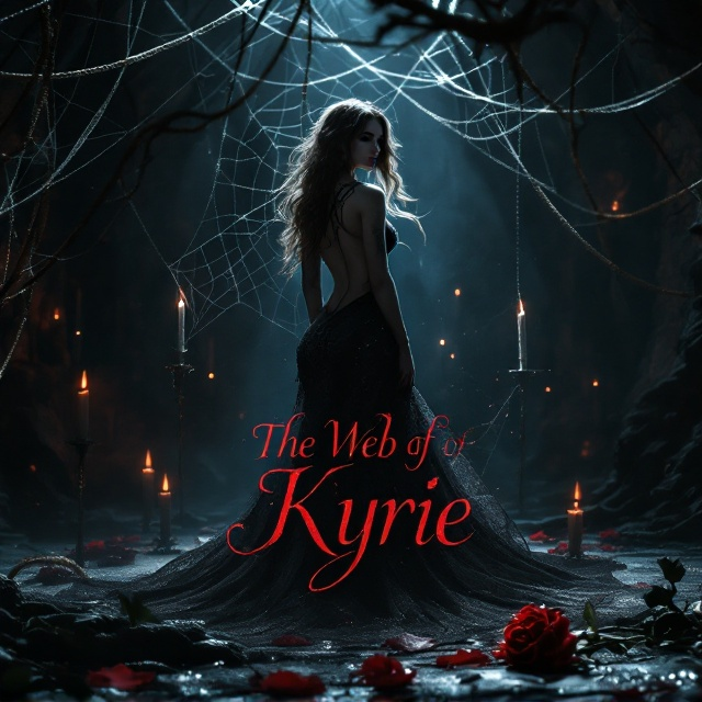 The cover features Kyrie as the central figure, her curvy silhouette highlighted by the shadows of flickering candlelight. She stands in a mysterious, dimly lit dungeon adorned with webs and candles. Around her, subtle hints of ropes and shibari patterns intertwine like delicate artwork. In the background, silhouettes of the other four characters add depth and intrigue, Nero's and Marrion's presence indicated by hints of their unique hairstyles and tattoos, while Luna and Rachel are portrayed through subtle outfit patterns and hair colors. A single rose with droplets of dew lies at Kyrie's feet, exuding a sense of erotic tension.